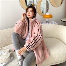 新款保暖外套立领杠条拼接长袖秋冬加厚超柔仿兔毛百搭显瘦外套女，女装皮草，潮品会