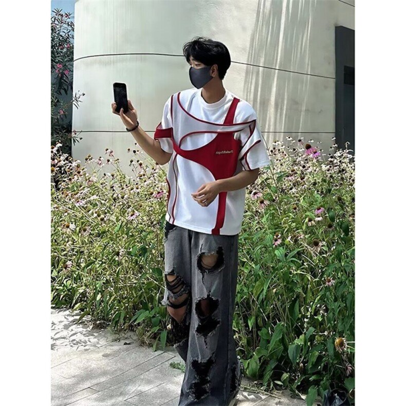 夏季小众解构撞色设计感短袖垫肩T恤男红白拼接高级感重磅半袖t恤,男装T恤,四季星座505