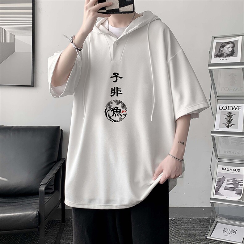 LD54070-P45连帽短袖t恤男大码胖子带帽五分袖中袖大皂风,男装T恤,电商A040