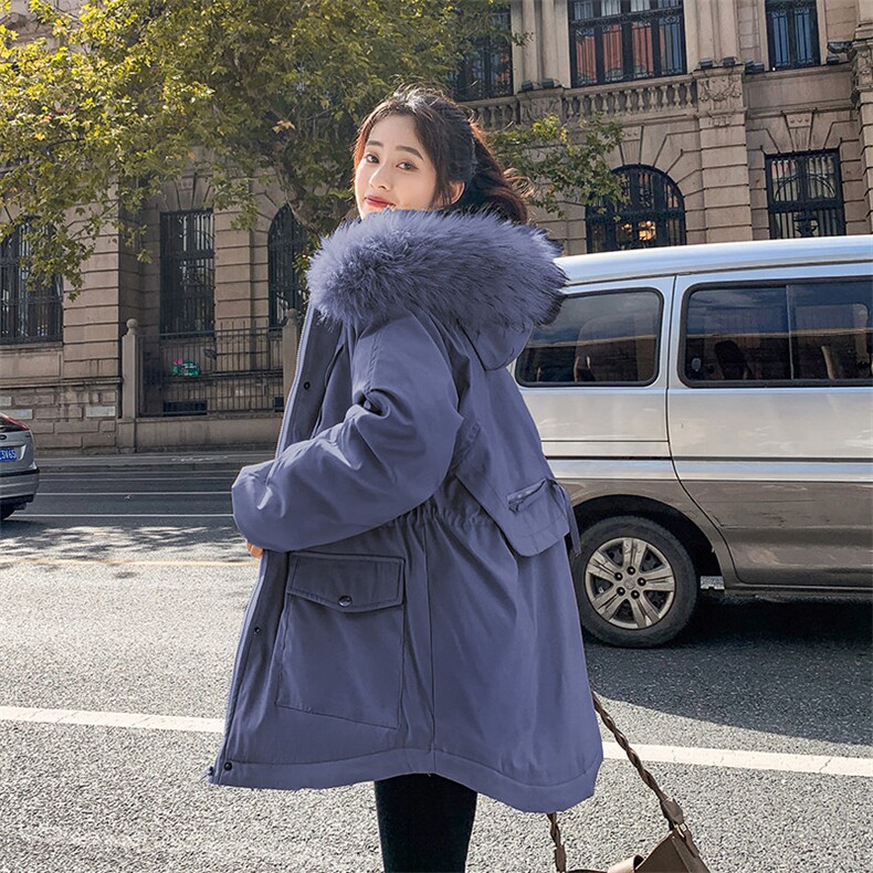 2022年冬季羊羔毛加绒抽绳可收腰连帽大毛领棉服,女装棉衣/棉服,天丽