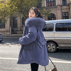 2022年冬季羊羔毛加绒抽绳可收腰连帽大毛领棉服，女装棉衣/棉服，天丽