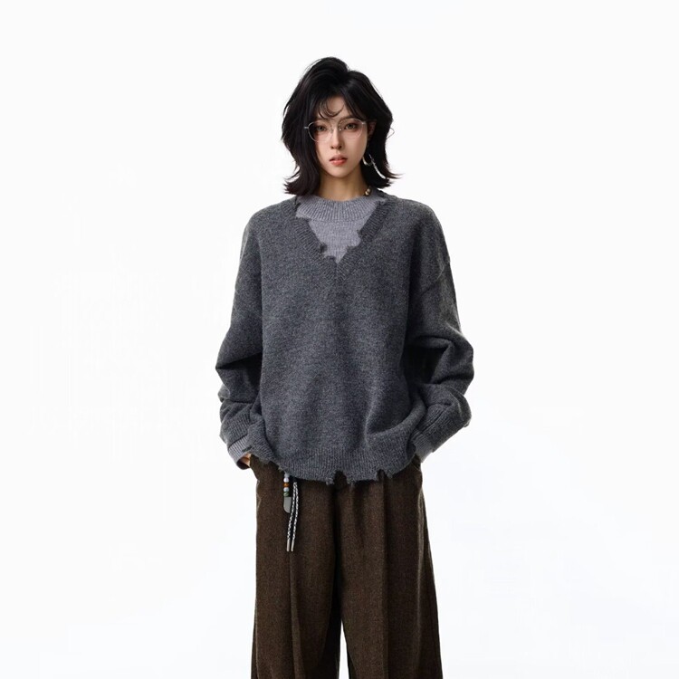 深灰慵懒破裁毛衣女装2025百搭宽松简约V领毛衫尤缇时尚秋季新款,男装针织衫/毛衣,星座218-8