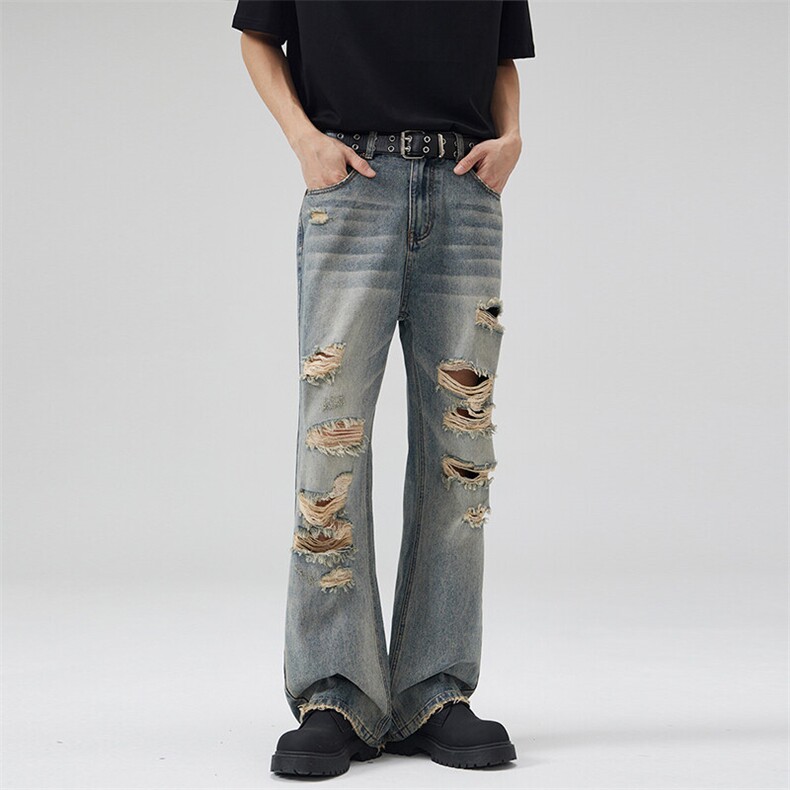2025春夏美式破洞割烂怀旧复古水洗牛仔裤男宽松微喇叭修腿型长裤，男装牛仔裤，星座301D-3