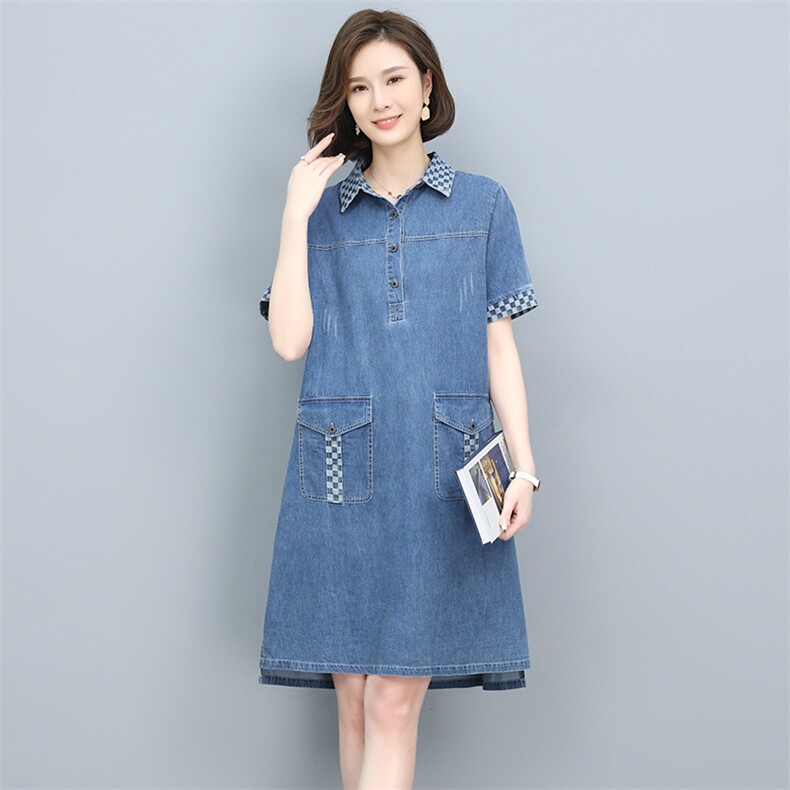 2023夏季新款时尚气质翻领显瘦休闲舒适撞色牛仔连衣裙,女装连衣裙,独衣靓
