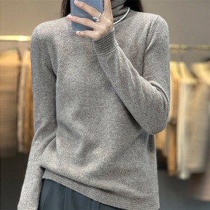 秋冬新款半高领精纺羊毛衫女短款宽松套头针织毛衣显瘦纯色打底衫图片