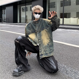 美式复古vibe牛仔外套秋季潮牌宽松水洗做旧上衣痞帅休闲立领夹克图片