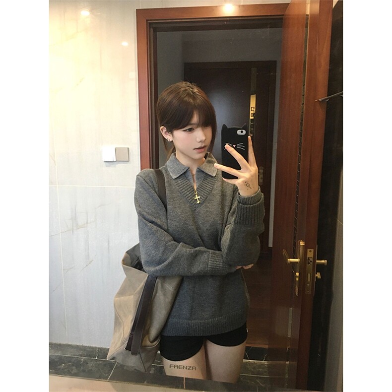 重磅北极绒假两件衬衫领毛衣美式高街复古休闲慵懒纯色翻领针织衫，男装针织衫/毛衣，电商A486