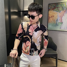312A-105-P55新款社会小伙中袖衬衫韩版潮流男士五分袖衬衣D，男装T恤，星座312A-5