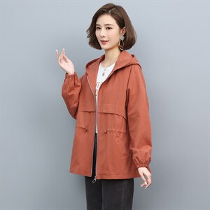 全棉休闲外套女春秋季2024新款小个子宽松连帽妈妈装风衣大码夹克图片