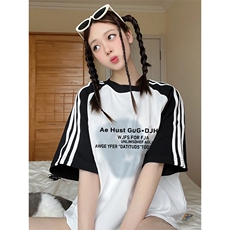 夏季美式高街重磅纯棉三条杠织带插肩撞色男女短袖T恤CZ177-特P25，男装T恤，电商A486