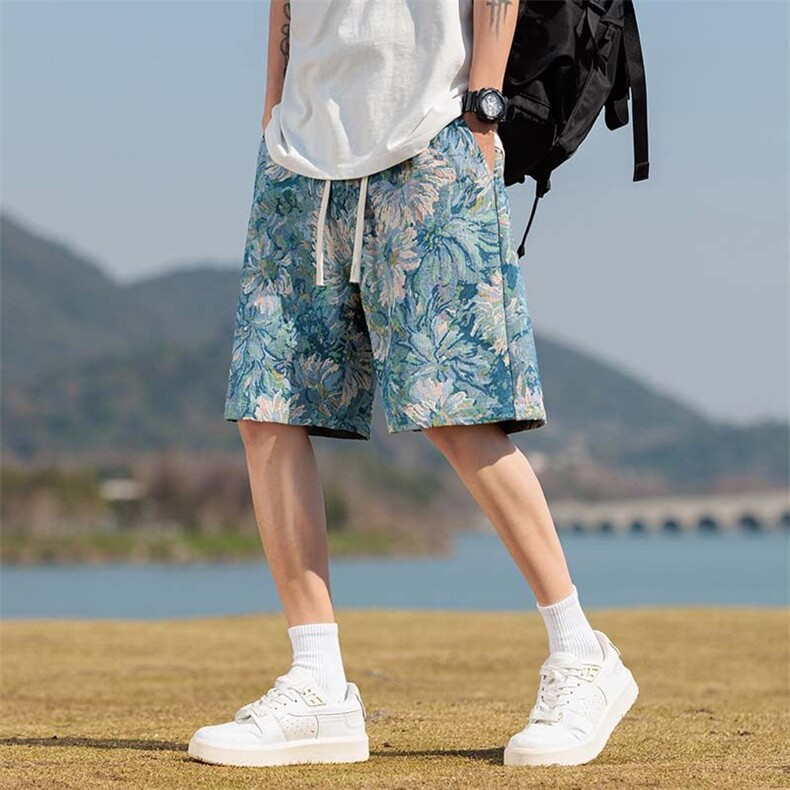 牛油果绿针织运动短裤男款夏季民族风沙滩五分裤子夏威夷薄款中裤图片