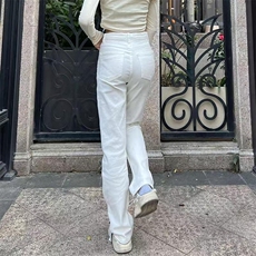 白色窄版阔腿直筒牛仔裤女2025春季新款高腰显瘦加长堆堆烟管裤子，男装牛仔裤，星座506A