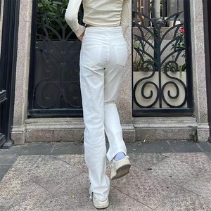 白色窄版阔腿直筒牛仔裤女2025春季新款高腰显瘦加长堆堆烟管裤子图片