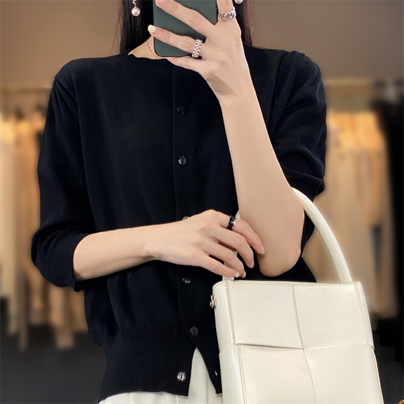圆领100%纯棉针织开衫女春夏薄款五分袖空调衫上衣外搭棉外套小衫图片