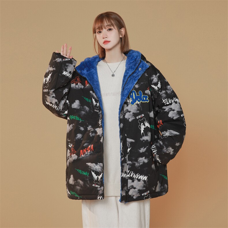 2025冬装两面穿印花棉衣女连帽棉服加绒棉袄外套3320-P100控148,男装棉衣,星座207