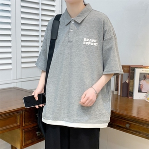 夏季青少年假两件印花半袖百搭港风翻领T恤短袖 1500-P45 控价68图片