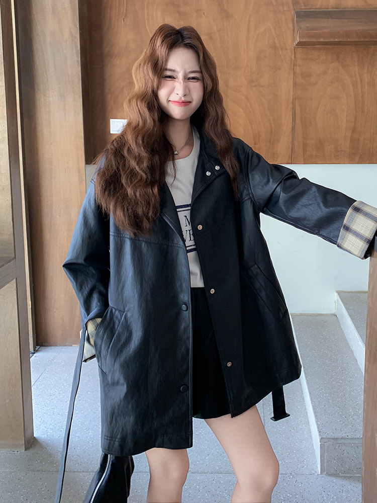 格纹拼接黑色皮衣外套女秋2025新款高级感宽松休闲酷飒风pu皮夹克,女装皮衣,浙宝192（原082）