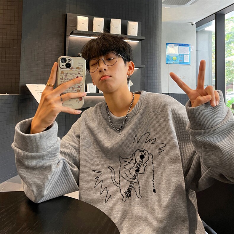 华夫格！华夫格上衣男圆领华夫格卫衣男大码长袖t恤男HY234-特P23图片