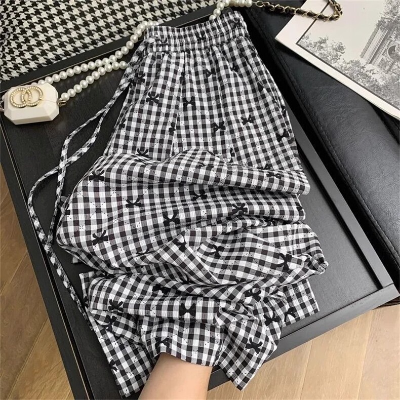 AK2494-p30复古格子蝴蝶结刺绣休闲裤女2026夏季新款阔腿裤裤子,女装休闲裤,星座617A-2