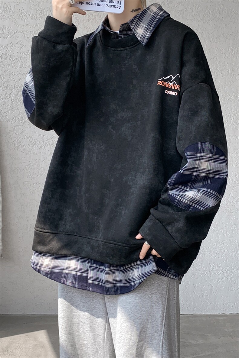 现货WY10095-P58加绒P68扎染撞色拼接格子假两件卫衣,男装卫衣,电商A059