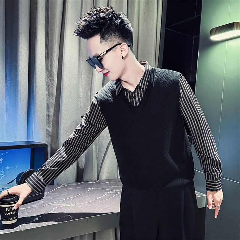 CM8803-P88控128假两件毛衣男潮流条纹衬衫领拼接V领针织衫,男装针织衫/毛衣,电商A368