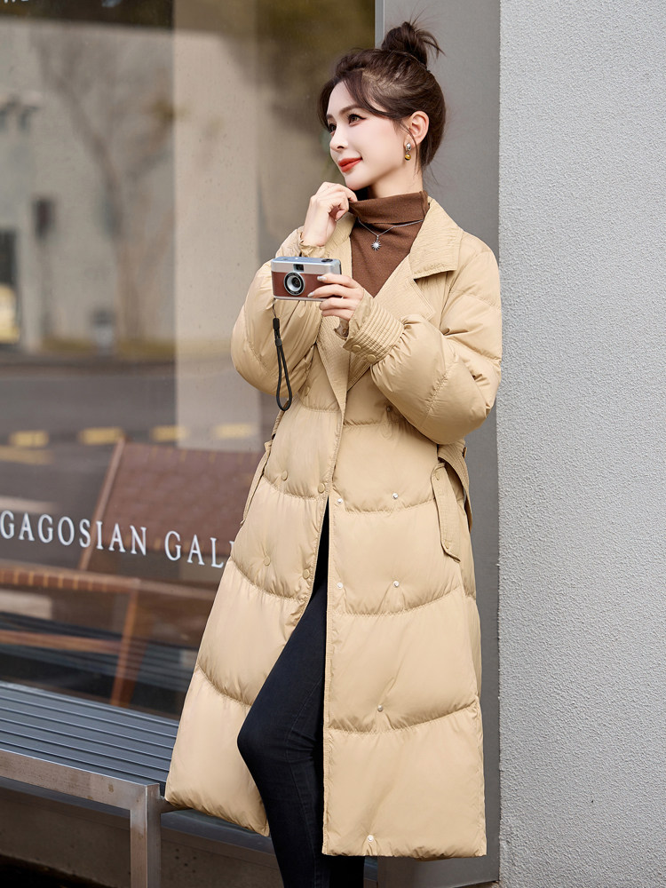 现货高级感西装领羽绒服女收腰显瘦修身中长款时尚大气冬季外套,女装羽绒服,韩然一族
