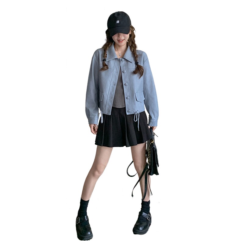 2025年春季新款浅蓝色皮衣夹克短外套女韩版高级感机车服百搭上衣,女装皮衣,2C233