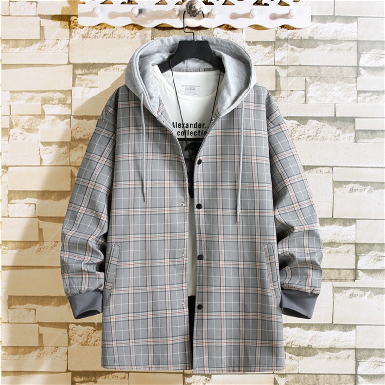 F6018/P80春装新款挂拍格子外套风衣男宽松连帽中长款上衣控118,男装风衣,电商A141
