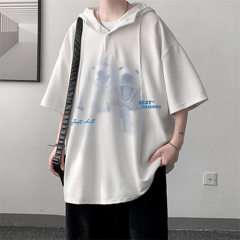 LD54455-P45连帽短袖t恤男大码胖子带帽五分袖中袖,男装T恤,电商A040