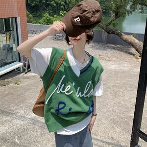 美式线条字母针织马甲女2025春秋季新款宽松韩版外穿马夹无袖上衣图片