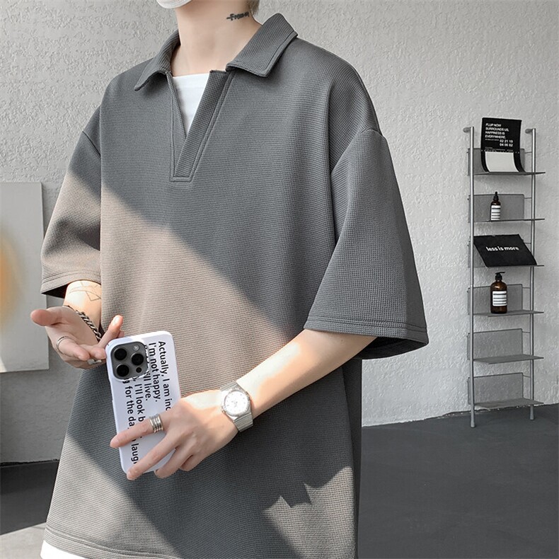 8XL-M假两件V领短袖t恤男夏翻领半袖宽松重磅华夫格大码DT001P40图片
