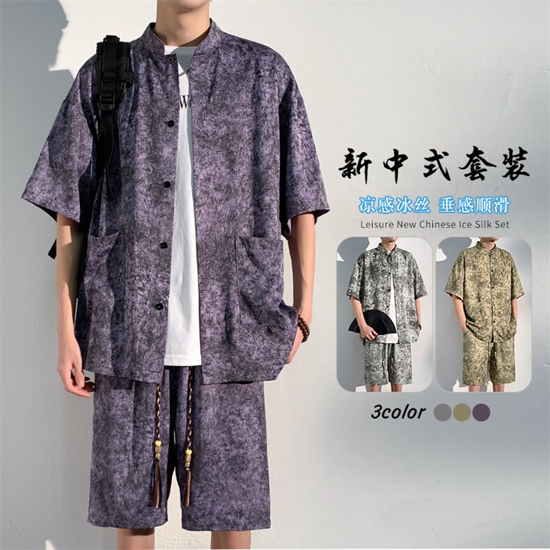 特批P70无差价夏季风缎面冰丝复古印花五分套装男CD1918+DK2188,男装休闲套装,电商A001