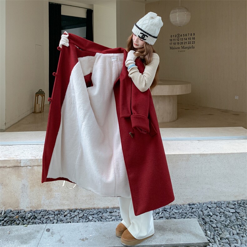 2025冬季新款加厚红色长款呢大衣203-9530-P215-K298，女装毛呢外套，浪娴服饰