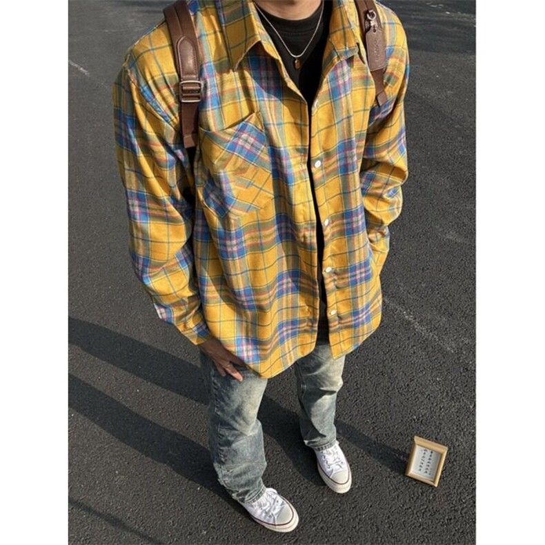 新款格子长袖衬衫男女慵懒中性风潮流百搭宽松衬衣oversize外套bf,男装衬衫,星座715-4