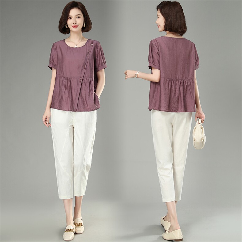 现货、休闲套装女2023夏季新款妈妈减龄时尚洋气显瘦两件套，女装套装/套裙，千千佰惠