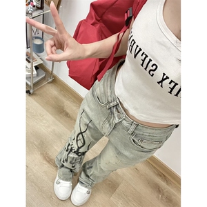 【有货】美式高街黄泥色牛仔裤男女直筒火焰残影裤子NZ05HH-特P58图片
