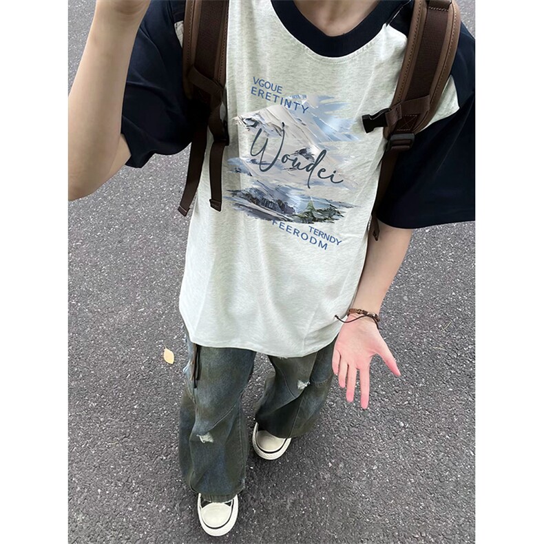 抖音得物高品质二开240克宽松纯棉美式潮牌插肩袖拼接短袖T恤图片