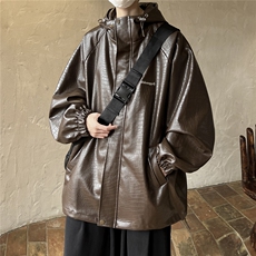 港风连帽鳄鱼纹PU皮衣大码情侣休闲冲锋衣夹克男JK8744P90控128，男装夹克，星座226-1