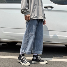 浅色牛仔裤男春秋潮牌复古直筒宽松大码长裤宽松潮流百搭老爹裤子，男装牛仔裤，电商A001