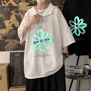 LD54170-P45 连帽短袖t恤男大码胖子带帽五分袖中袖 海报风图片