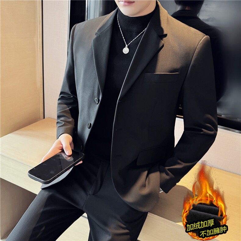 加绒加绒保暖~高级感西装套装男西服两件套黑色LJT3001-P225,男装西服套装,电商A213