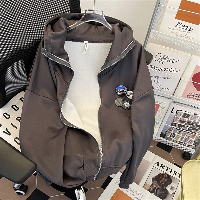 美式街头拉链连帽开衫卫衣女春秋冬季宽松加绒灰色外套Y148/P55,男装卫衣,星座506B
