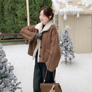 卡其色麂皮绒羊羔毛加厚保暖棉服H8356P185K278图片