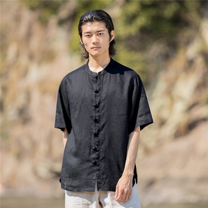 纯亚麻夏季薄款宽松短袖上衣风复古唐装盘扣衬衫男CS02图片