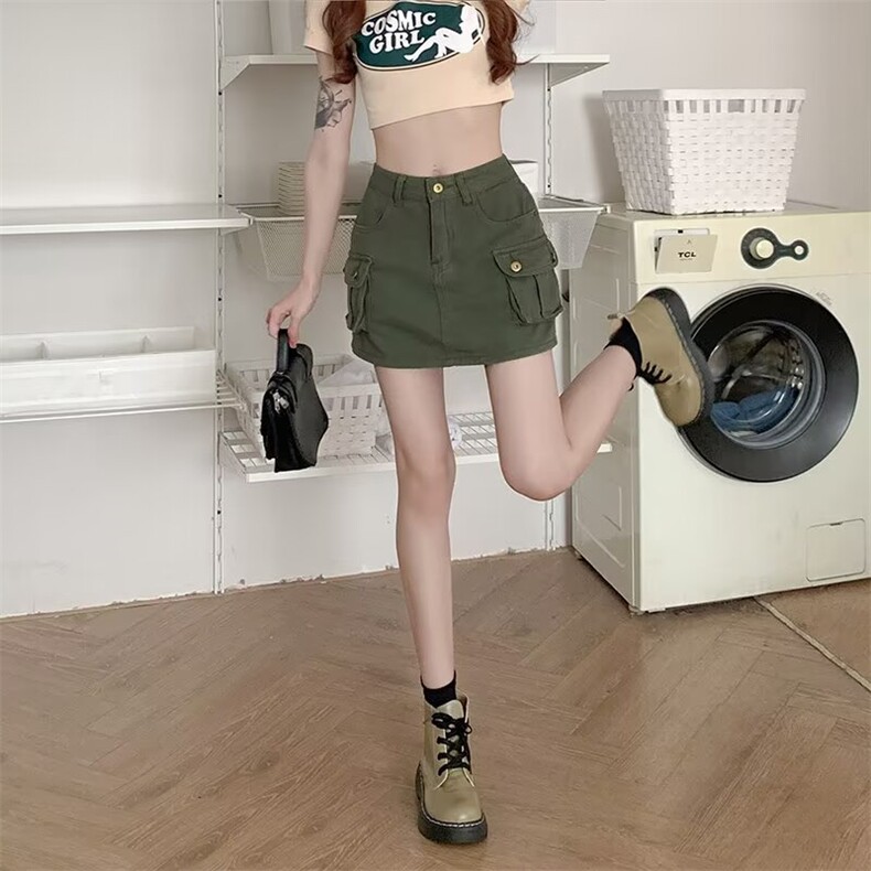美式军绿色工装牛仔半身裙新款夏季高腰包臀a字辣妹短裙子裙裤子,女装休闲裤,星座1210-1