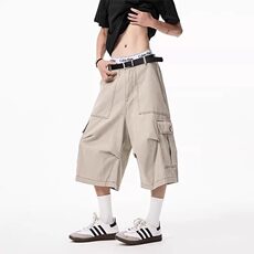W9962-P40网图现货美式褶皱多口袋七分裤宽松伐木阔腿工装裤，男装牛仔裤，星座1608-2