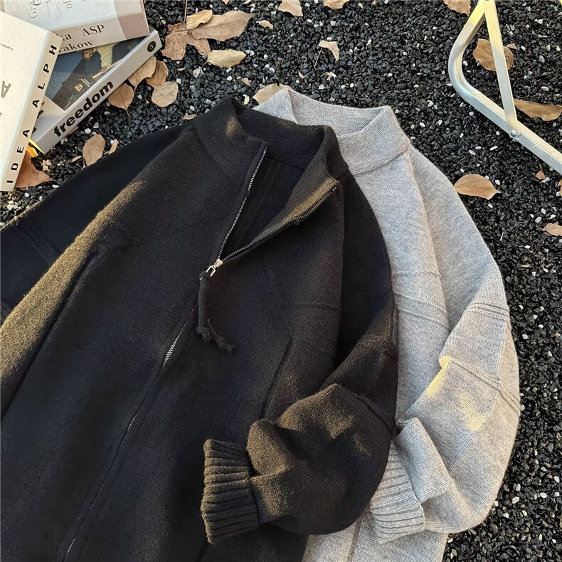 美式双拉链开衫毛衣男生休闲设计感针织外套ins立领长袖夹克上衣,男装针织衫/毛衣,星座601-1