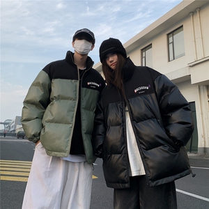 街景时尚字母印花宽松休闲情侣拼色PU皮棉服A247-MY406 P115控168图片