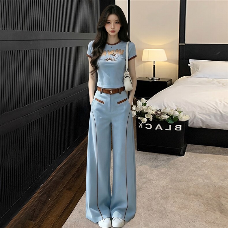 慵懒风休闲时尚套装女夏新款百搭圆领印花短袖上衣阔腿长裤两件套,女装套装/套裙,江南