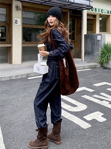 (新款现货）2026春装活性牛仔面料肩章可脱卸两件套拉链连体裤图片